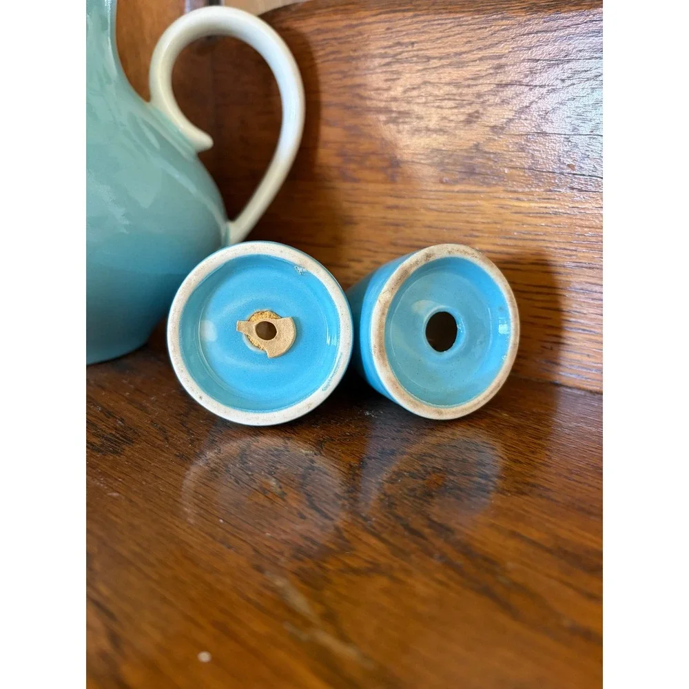 Vintage Mid Century Modern Turquoise Blue Ceramic Teapot & Shaker Set MCM Retro
